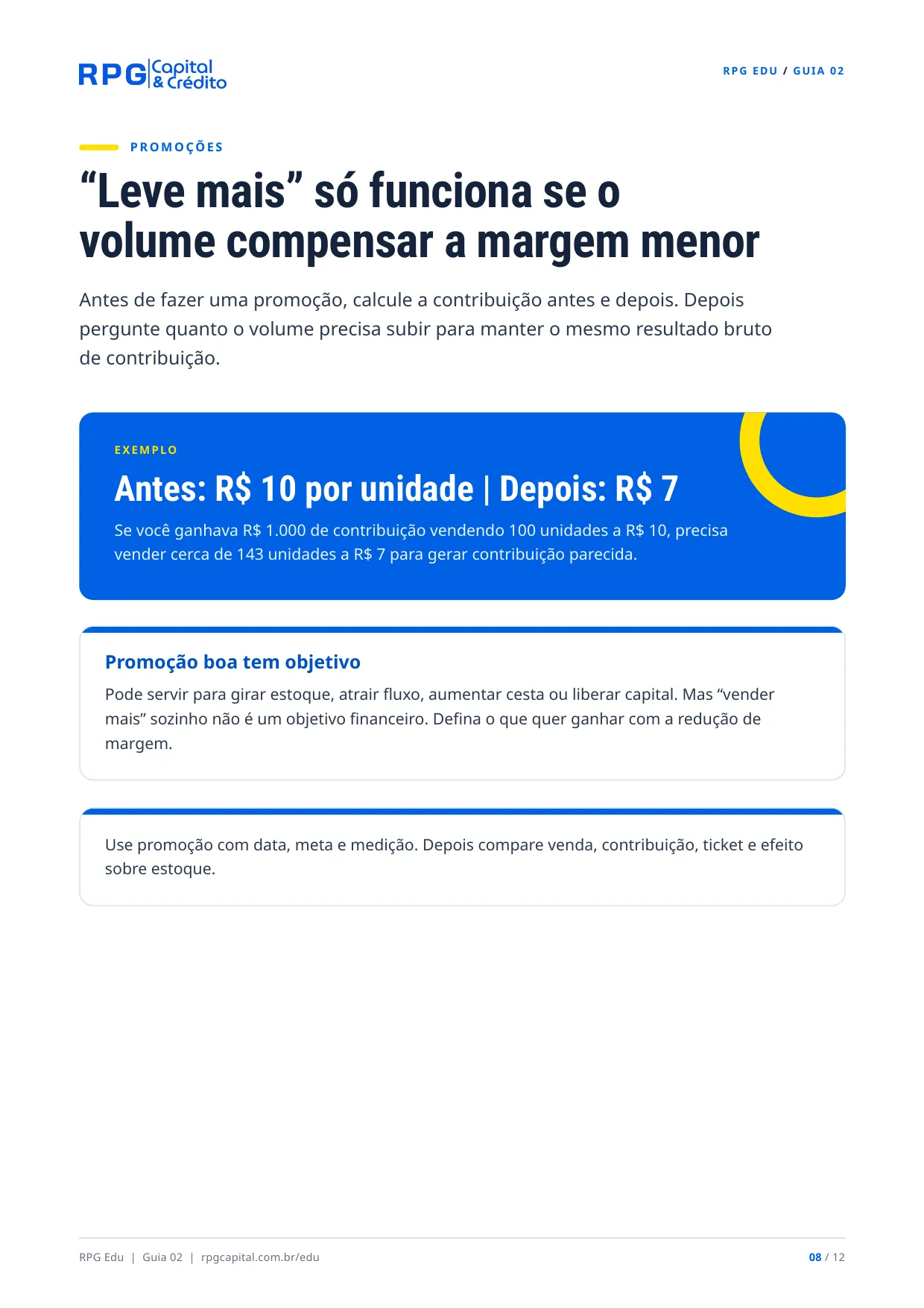 Preço, margem e lucro na prática — página 8: “Leve mais” só funciona se o volume compensar a margem menor