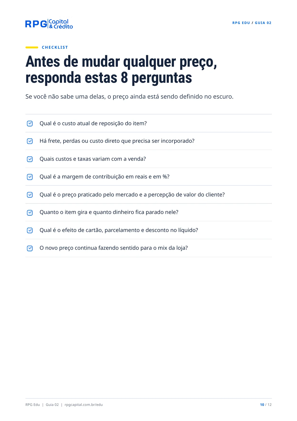 Preço, margem e lucro na prática — página 10: Antes de mudar qualquer preço, responda estas 8 perguntas