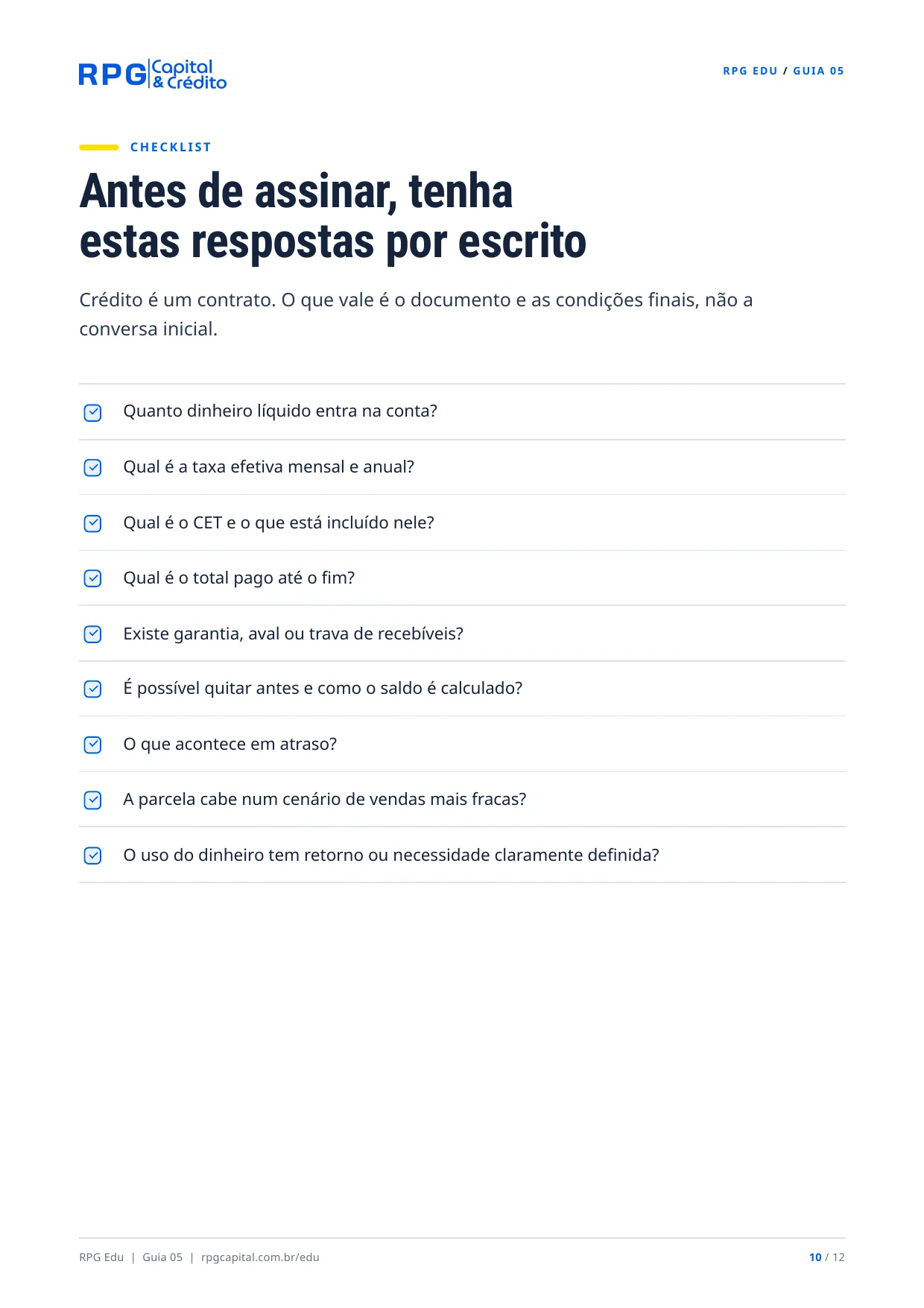 Juros e empréstimos: como analisar antes de contratar — página 10: Antes de assinar, tenha estas respostas por escrito