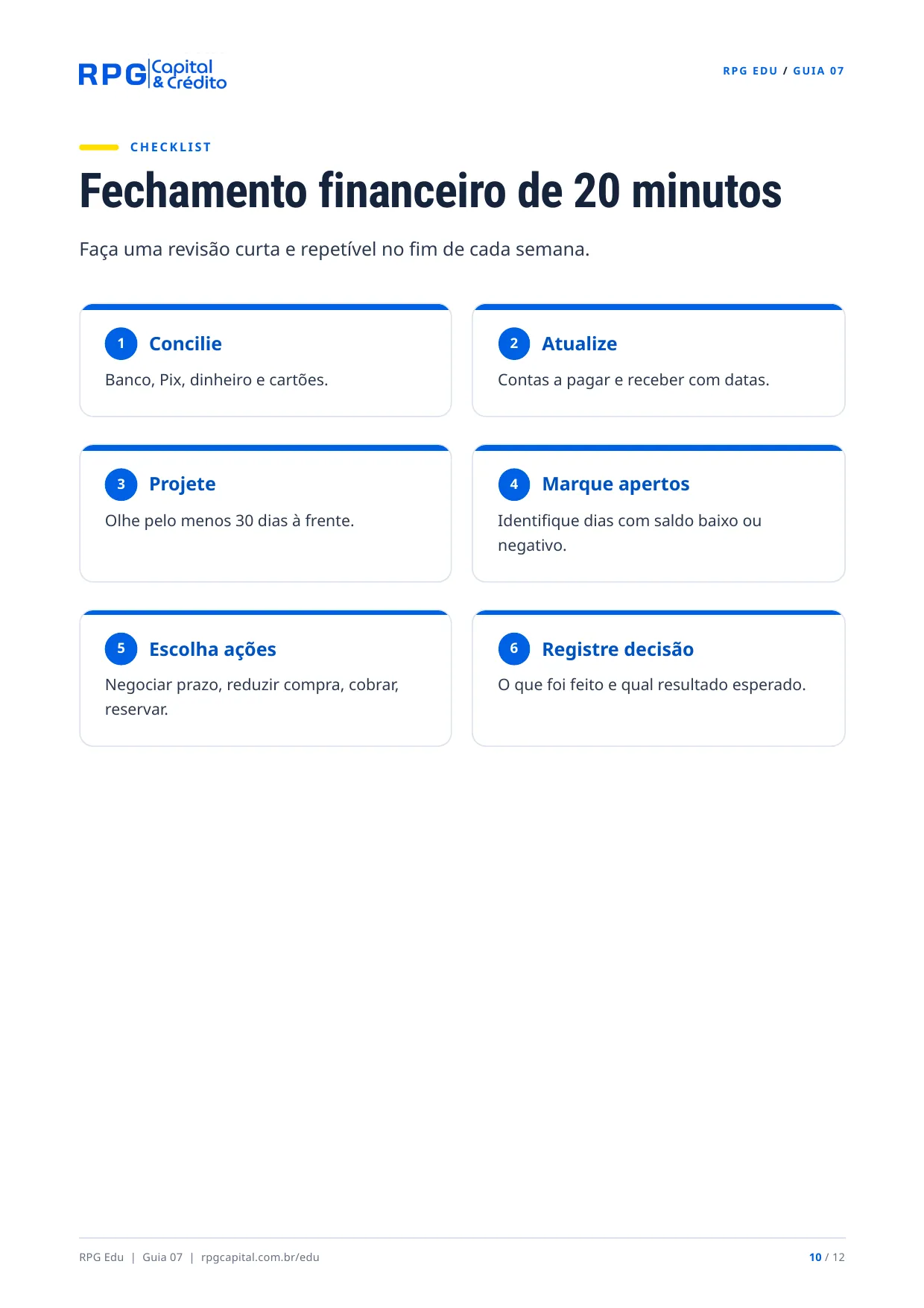 Fluxo de caixa e capital de giro na prática — página 10: Fechamento financeiro de 20 minutos