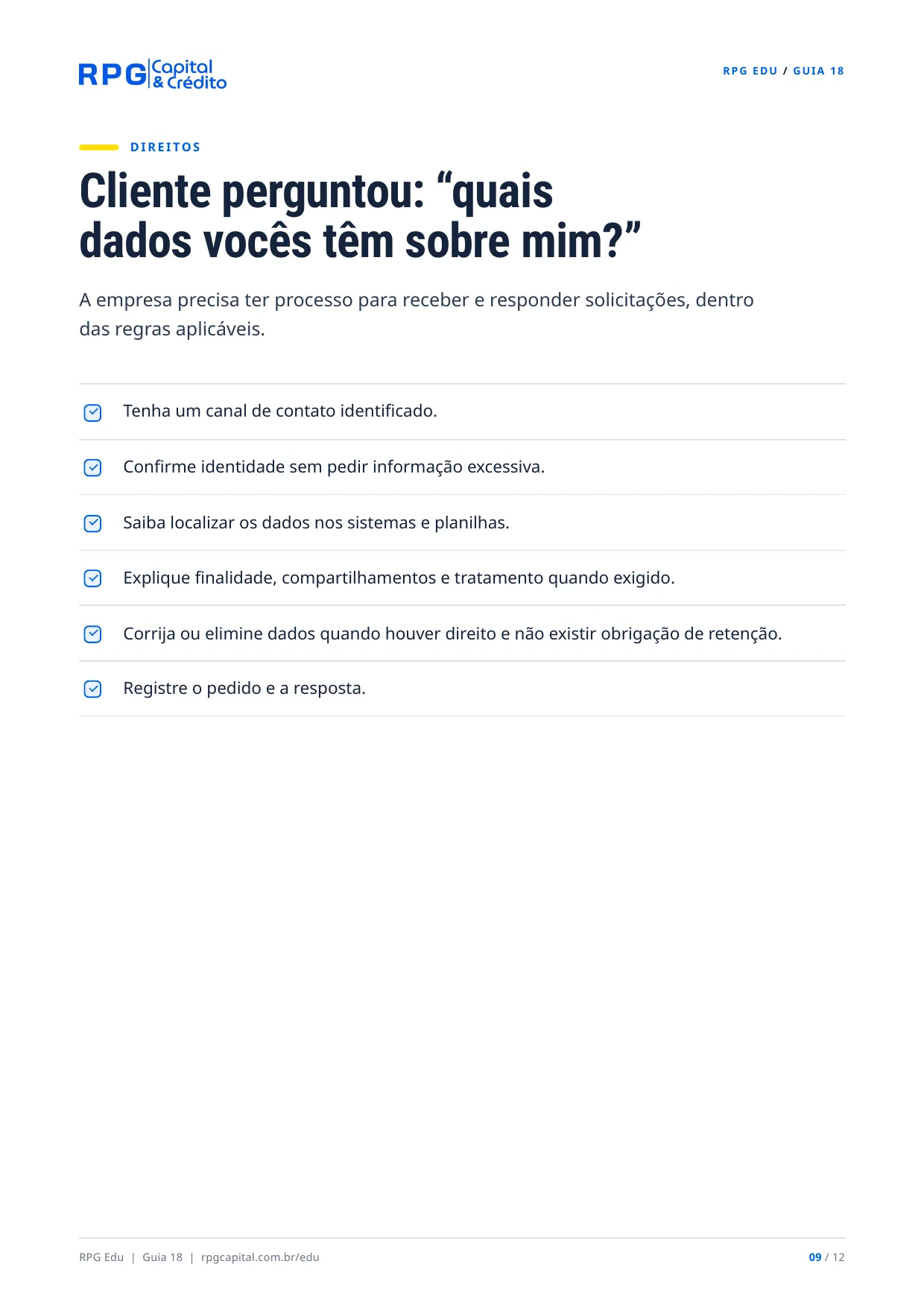 LGPD para pequenos negócios: dados de clientes sem improviso — página 9: Cliente perguntou: “quais dados vocês têm sobre mim?”