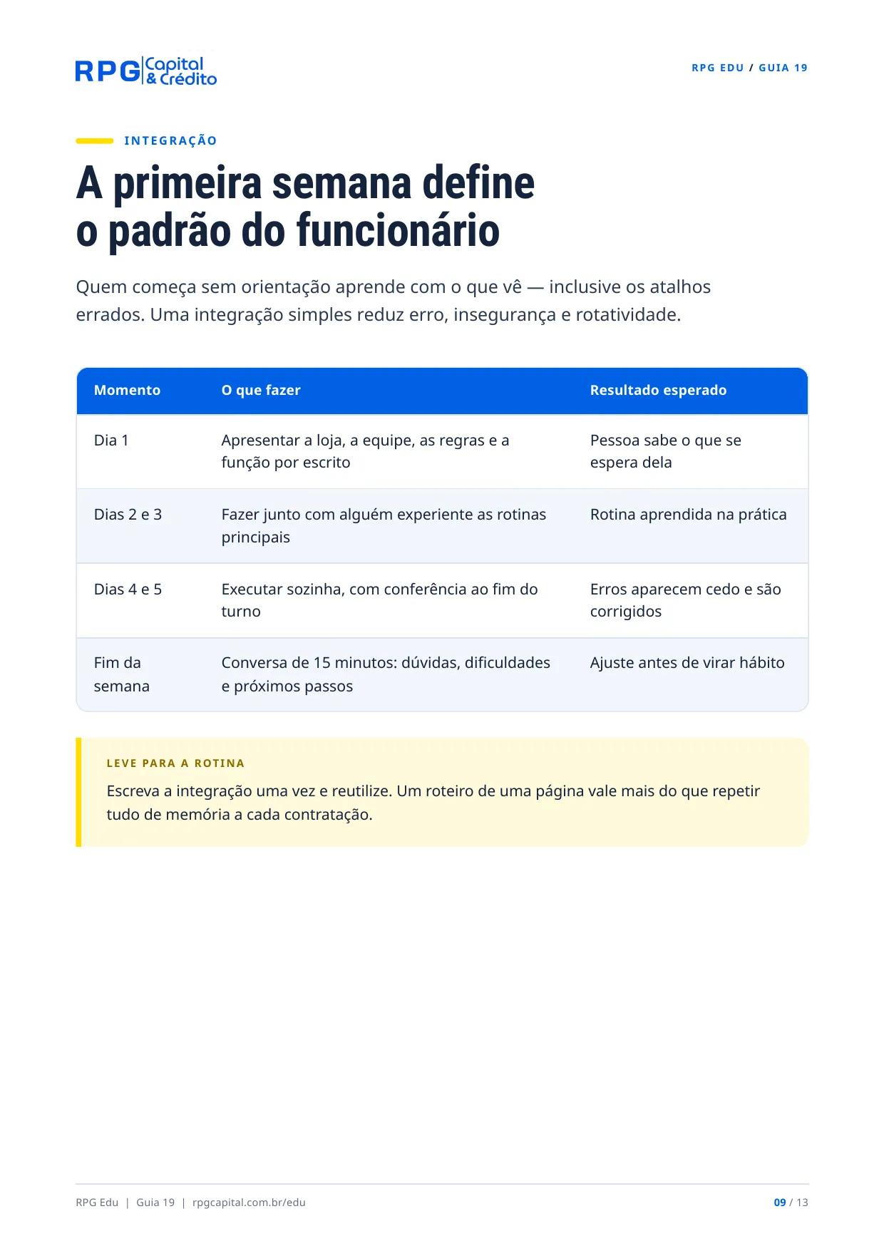 Gestão de pessoas para pequenos negócios — página 9: A primeira semana define o padrão do funcionário