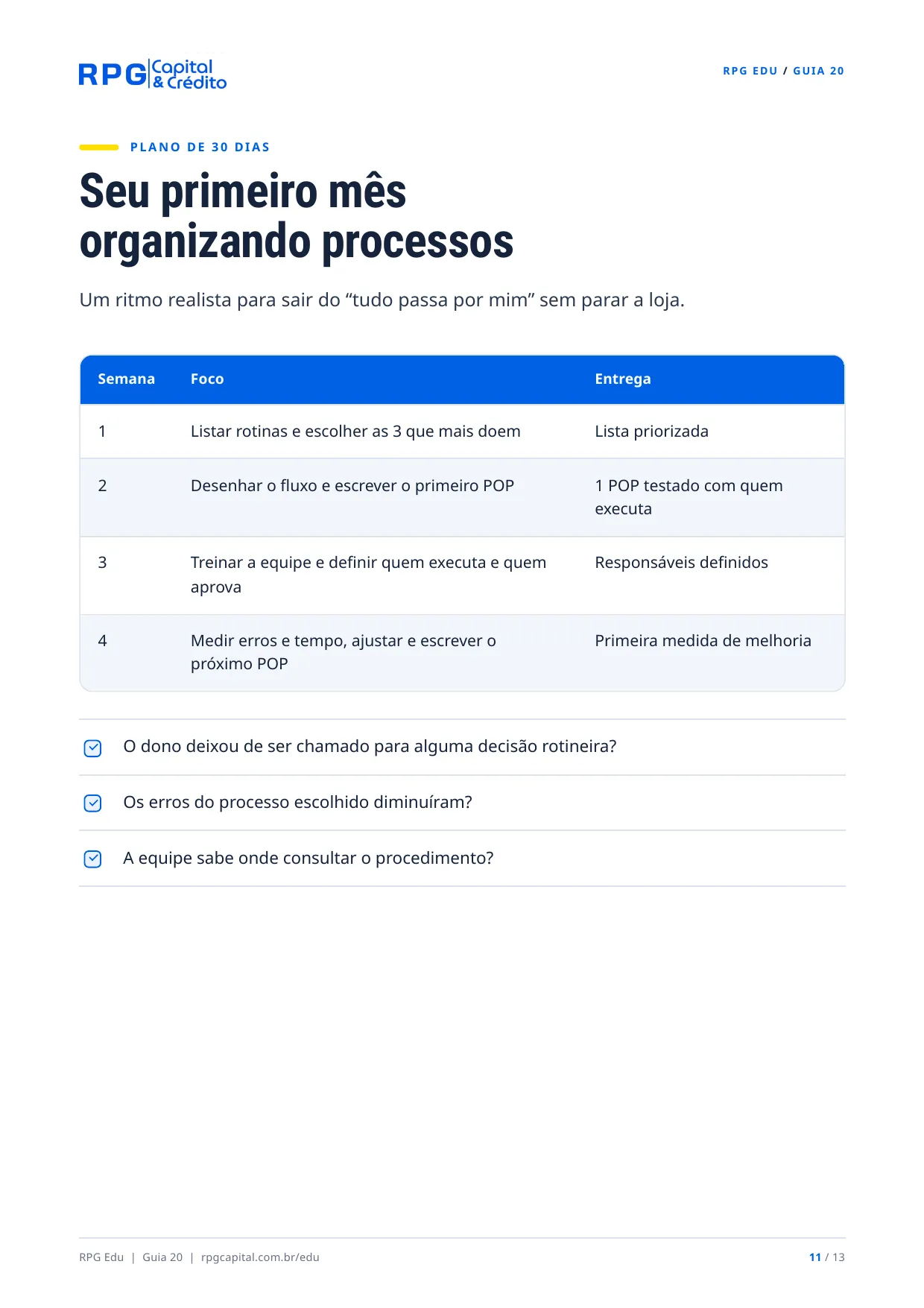 Como organizar processos para sua empresa não depender de você — página 11: Seu primeiro mês organizando processos