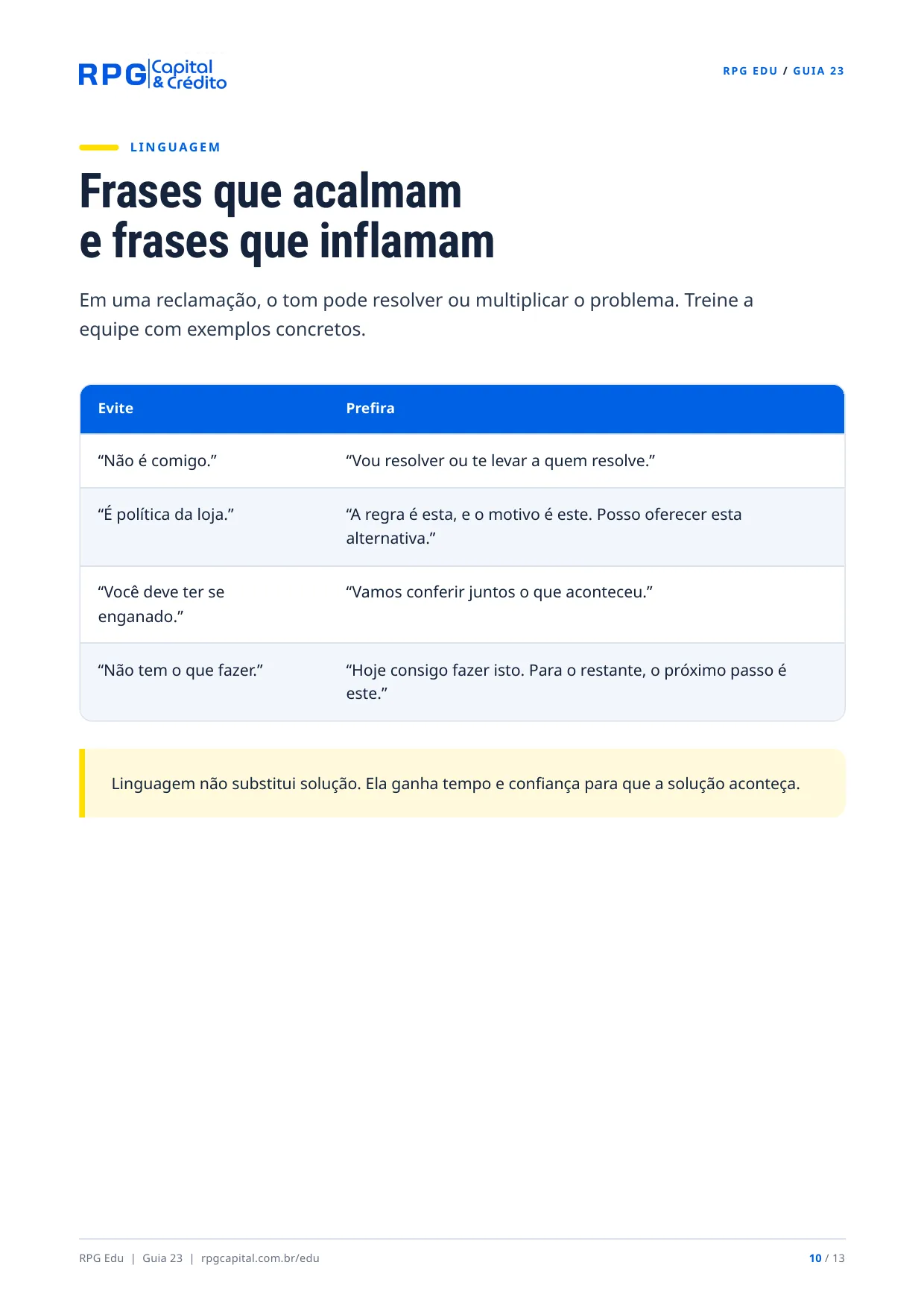 Atendimento e experiência do cliente na prática — página 10: Frases que acalmam e frases que inflamam