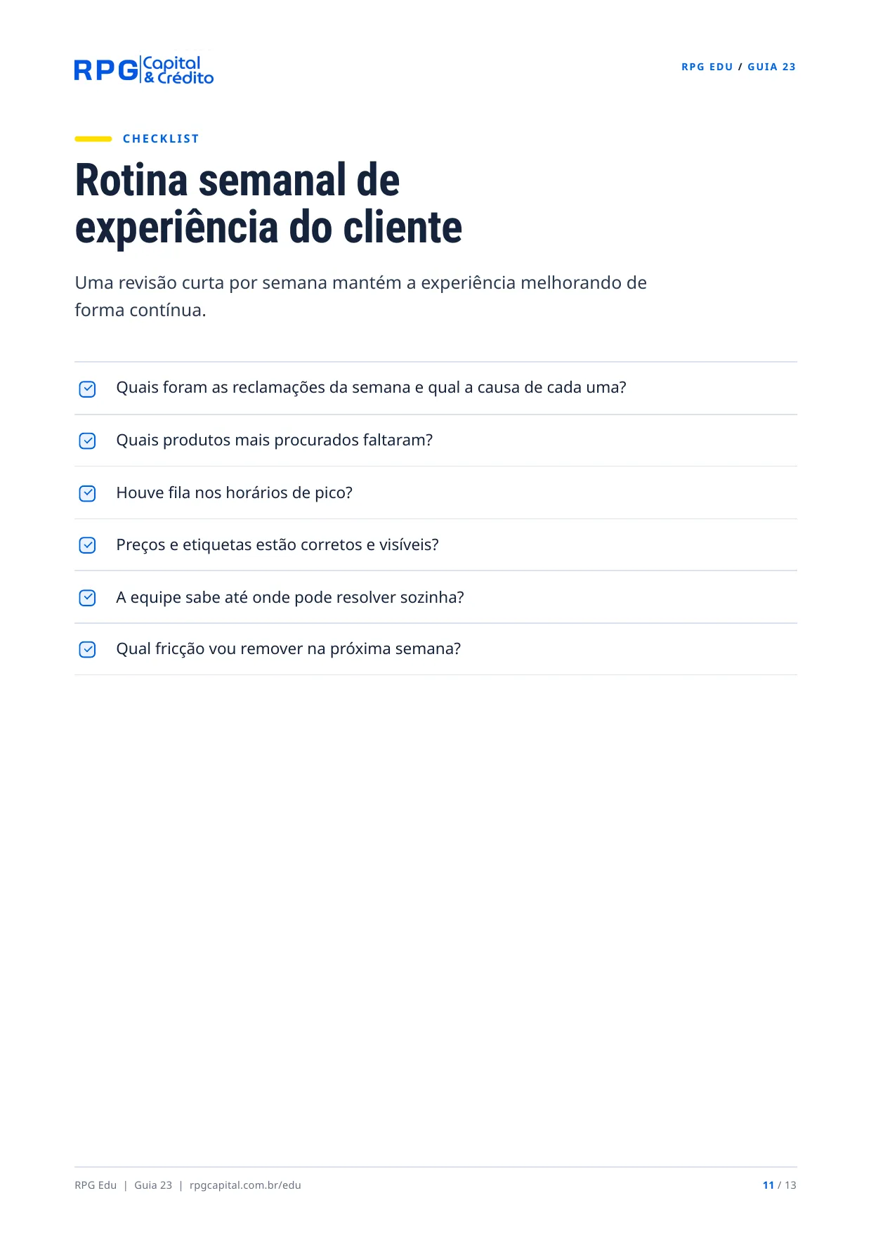 Atendimento e experiência do cliente na prática — página 11: Rotina semanal de experiência do cliente