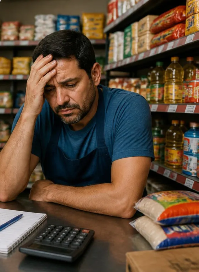 Lojista cansado no balcão com caderno e calculadora